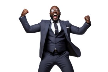Exultant businessman with arms raised, elation, success, isolated on transparent background.