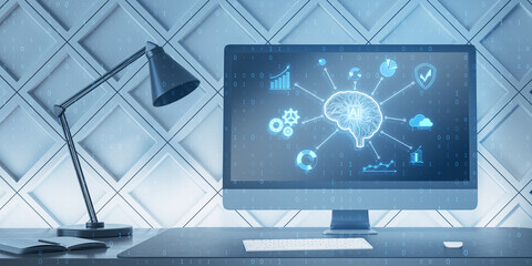 Close up of designer office desk with computer, lamp and creative glowing digital brain hologram on blurry background. AI and futuristic hud elements. 3D Rendering.