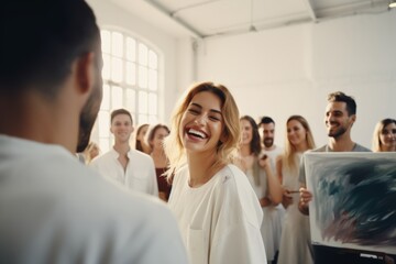 Fototapeta premium Smiling woman in art gallery, joyful crowd, blurred background.