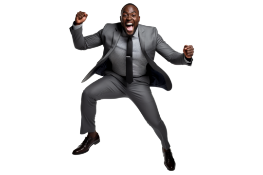 Joyful businessman jumping, celebration, success, isolated on transparent background.