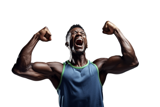 Triumphant African man flexing muscles, victory, strength, fitness, isolated on transparent background.