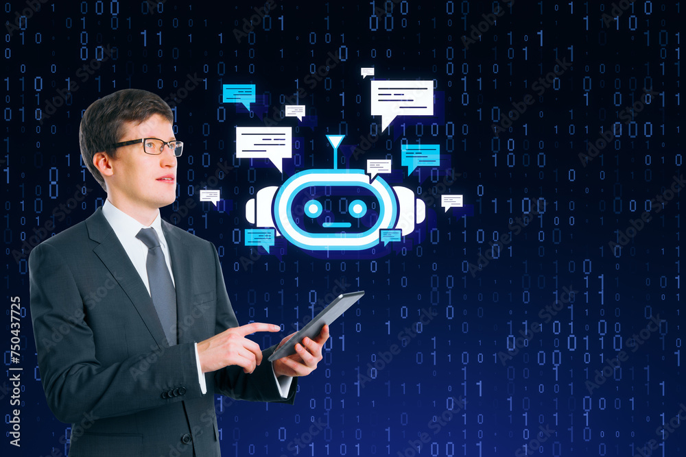 Aufkleber Attractive young european businessman using smartphone with creative bot hologram on blue binary coding background. Chat GPT and customer service concept.