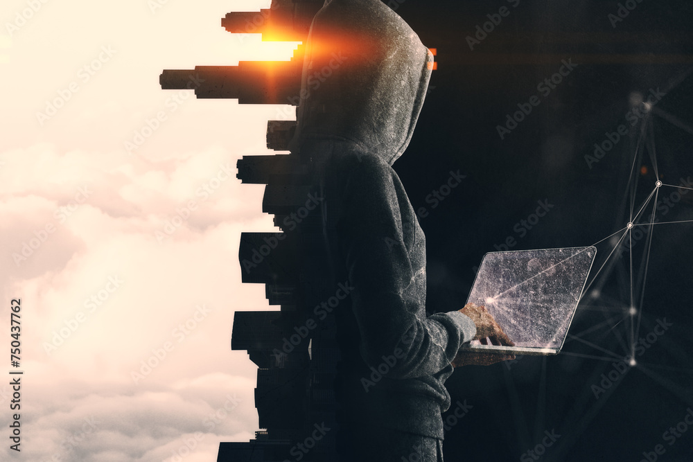 Poster Hacker with laptop standing on abstract concrete city and sunset polygonal backdrop. Hacking and malware concept. Double exposure.