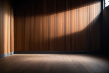 Front view of a blank wall in a room with wooden planks
