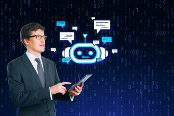 Attractive young european businessman using smartphone with creative bot hologram on blue binary coding background. Chat GPT and customer service concept.