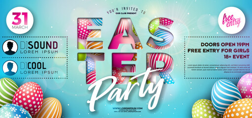 Easter Party Flyer Illustration with Painted Eggs and Typography Lettering on Nature Blue Background. Vector Spring Religious Holiday Celebration Poster Design Template for Banner or Invitation.