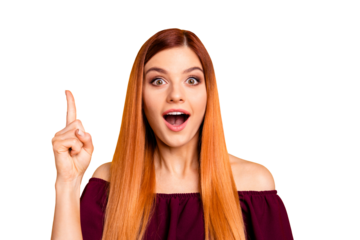 Yes! I knew it! Close up photo portrait of clever intelligent attractive charming lady with opened mouth looking in camera holding forefinger up isolated bright background