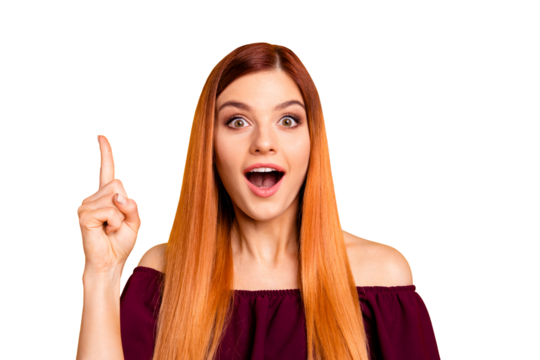 Yes! I knew it! Close up photo portrait of clever intelligent attractive charming lady with opened mouth looking in camera holding forefinger up isolated bright background - Powered by Adobe