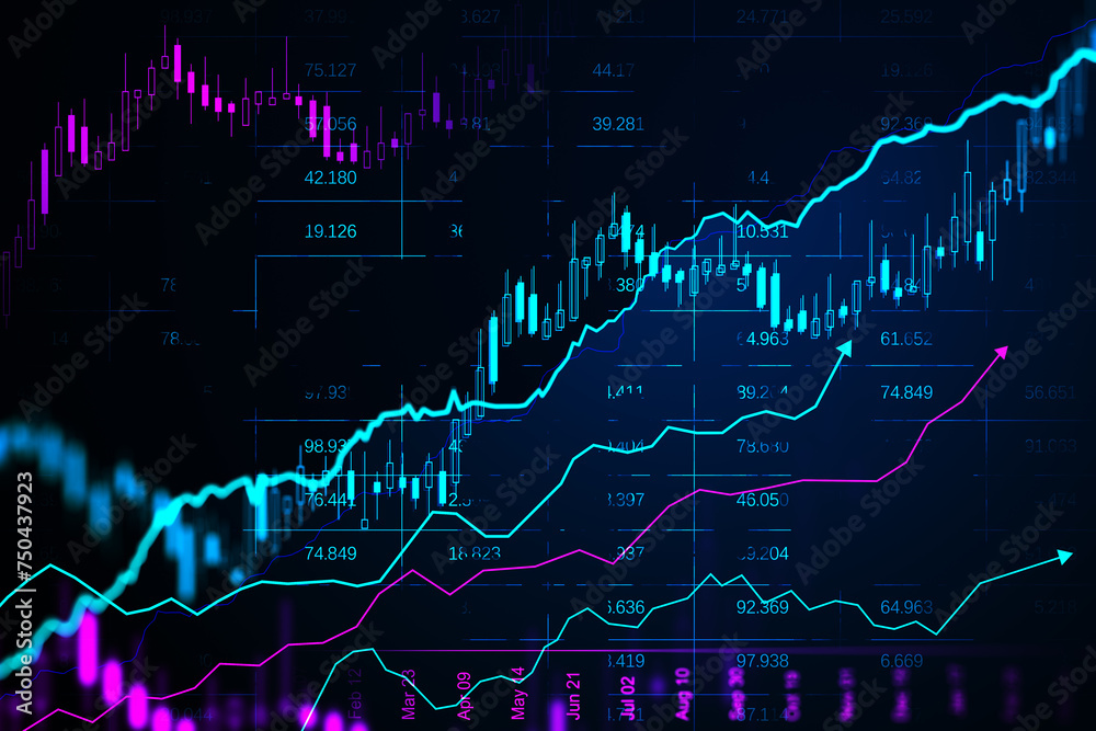 Poster abstract glowing candlestick forex chart on dark blue background with map. financial trade and marke