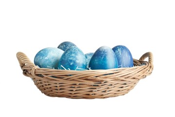 a wicker basket with blue Easter eggs, easter decorative motif, isolated on transparent background - obrazy, fototapety, plakaty