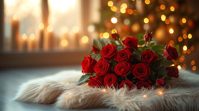 A romantic bouquet of red roses lays on soft fur, with a warmly lit Christmas tree in the background. This image is perfect for: romance, holidays, love, celebration, special occasions.