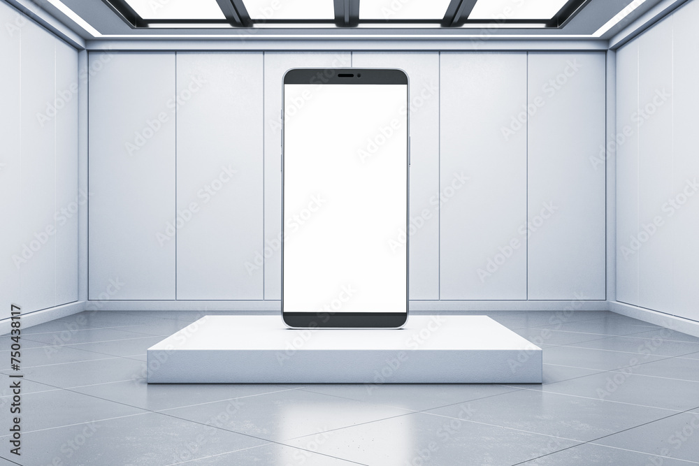 Poster abstract interior with huge white mock up smartphone. 3d rendering.