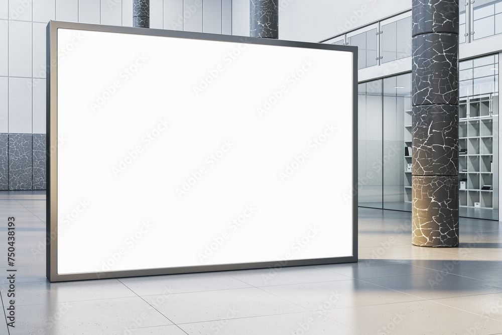 Poster modern empty white poster in interior with glass partitions, columns and concrete flooring. mock up,