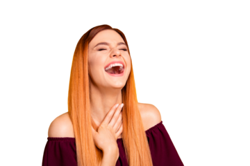 Close up photo portrait of beautiful cheerful delightful glad with toothy beaming smile lady wearing burgundy clothing outfit laughing with closed eyes isolated vivid bright background copy space