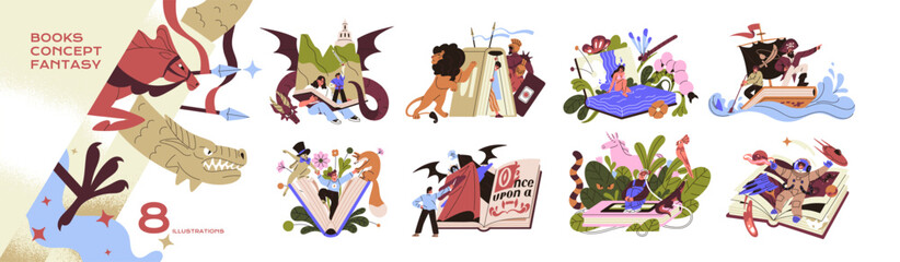 Fantasy books concept set. People read novels, readers adventure with fairy tale heroes in imagination. Fiction literature, immersing fairytale world. Flat isolated vector illustration on white © Paper Trident