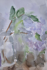 Lilac branch in glass vase. Still life painting. Implicit pastel color watercolor wet brush strokes blots and stains. Natural colors texture dirty stains decorative effect.