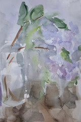 Gentle still life natural colors painting. Springtime morning lilac branch in transparent vase. Watercolor wet brush strokes blots and stains texture.