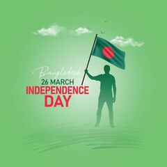 Illustration of Bangladesh Independence Day featuring a man holding a waving flag. Bangladesh National Day vector art. 26 March.