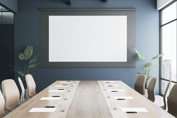 Fototapeta premium Contemporary glass meeting room interior with empty white mock up frame and panoramic window and city view. 3D Rendering.