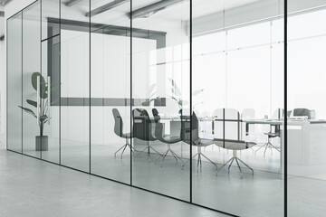 Modern glass meeting room interior with panoramic window and city view. 3D Rendering.