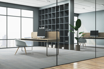 Contemporary coworking office hallway interior with panoramic window and city view, wooden flooring, rug and furniture, bookcase. 3D Rendering.