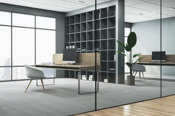 Fotobehang Contemporary coworking office hallway interior with panoramic window and city view, wooden flooring, rug and furniture, bookcase. 3D Rendering. © Who is Danny