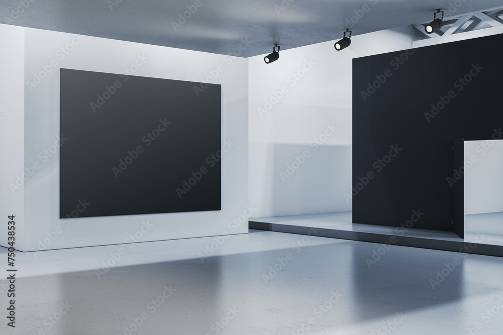 Poster modern gallery interior with blank mock up banners on walls. 3d rendering.