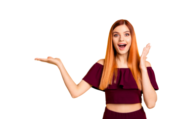 Omg wow unbelievable! It takes first place in rating! Closeup photo portrait of beautiful funny funky fancy with opened mouth lady holding empty copy space over palm isolated bright vivid background