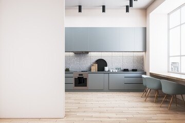 Modern kitchen interior with wooden flooring, blank mock up place on wall, window and city view, daylight, furniture and equipment. 3D Rendering.