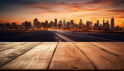 Wooden Table Top and Blurred City Traffic