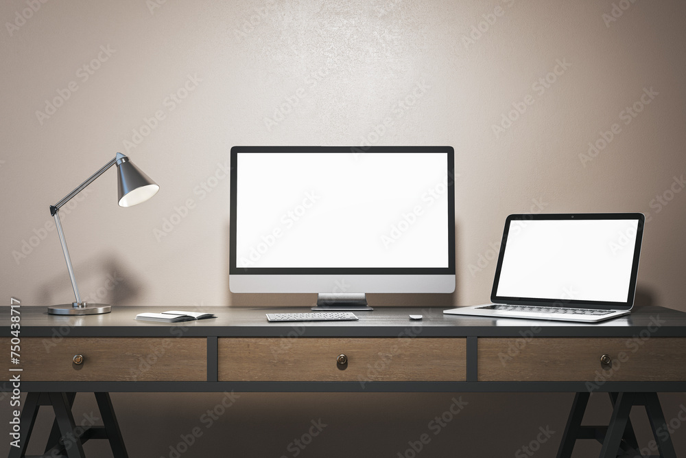 Poster modern designer office interior with blank white computer and laptop monitors. mock up, 3d rendering