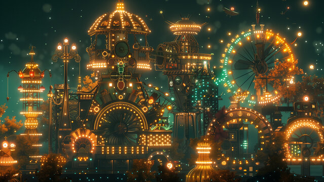 Clockpunk Carnival: A Nighttime Spectacle in Gold and Emerald