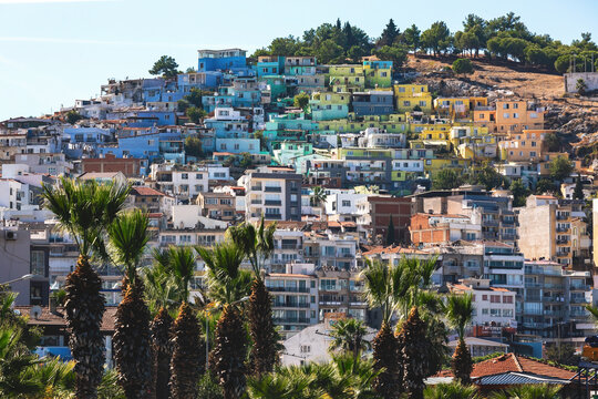 Kusadasi, Turkey (Turkiye). Close up view to Kese dagi and the colorful homes on hillside