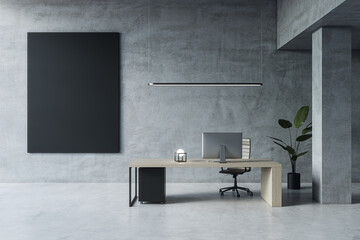 Modern concrete home office interior with empty black mock up banner, furniture and equipment, decorative plant. 3D Rendering.