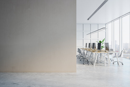 Modern light concrete coworking office interior with blank mock up place on wall, panoramic city view and furniture. 3D Rendering.