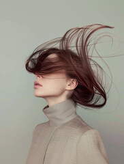 Young elegant brunetter woman with long hair in motion, covering her face, artistic studio shot