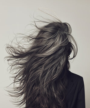 Woman with long dark hair flying in the wind, studio shot, view from the back, no face, artistic portrait