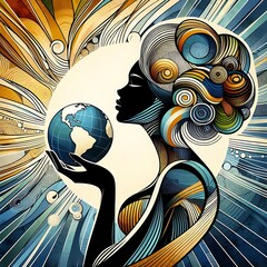 Artistic representation of a woman holding a globe on a stylized background, evoking themes of International Women's Day