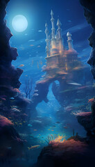 Fantasy landscape with a fantasy castle in the sea. 3d illustration
