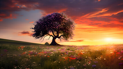 Tree in the meadow with flowers at sunset. 3d render