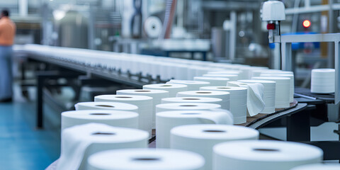 Production of toilet paper at the factory. Conveyor belt with products, new technology.