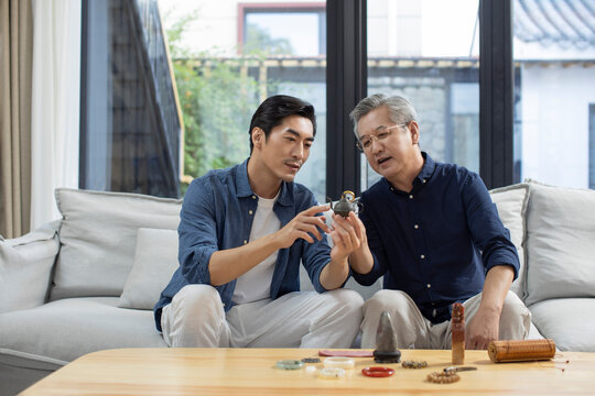 Mid adult man admiring antiques with his father