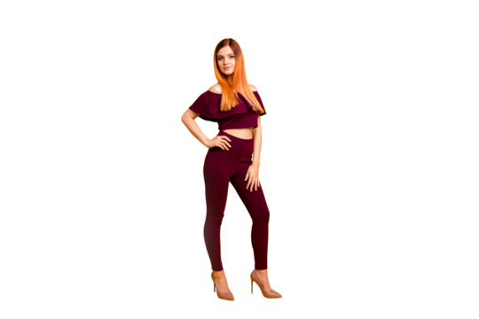 Full size body length photo portrait of pretty cool attractive charming stunning lady standing on floor holding hand on waist isolated bright vivid background copy space