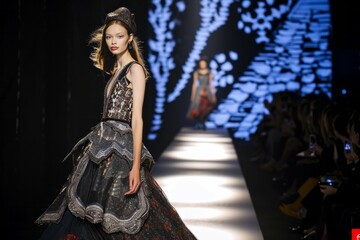 Elegant model walking runway at fashion show with audience and vivid digital backdrop.