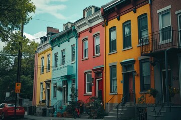 Colorful townhouses line a peaceful street, showcasing vibrant urban living and architectural diversity.