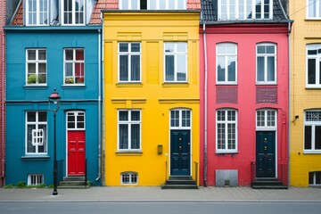 Colorful urban street with vibrant blue, yellow, and red facades of traditional European houses.