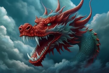 Dragon flying in the sky with clouds - 3d render illustration.