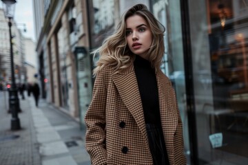Elegant woman in a stylish coat walking on a city street