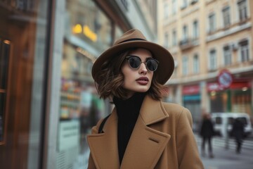 Stylish woman in hat and sunglasses walking in city.