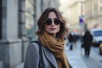Stylish woman in sunglasses and scarf walking on a city street.